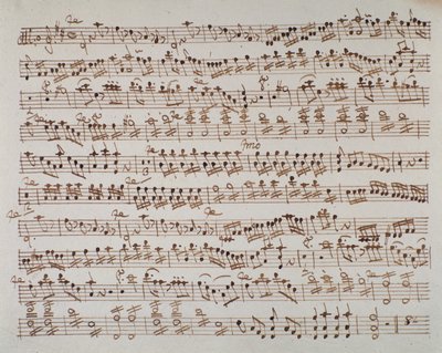 Seite der Partitur der ersten Violine in der Mithridate-Ouvertüre von Wolfgang Amadeus Mozart (1756-1791), 1770 von Austrian School